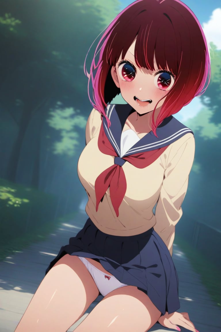 masterpiece, best quality, very aesthetic, absurdres, (resent), kana arima, oshi no ko, 1girl, solo, breasts, looking at viewer, short hair, open mouth, skirt, large breasts, red hair, multicolored hair, underwear, school uniform, red eyes, panties, outdoors, sky, serafuku, day, hairclip, white panties, sweater, (Kana-XL)