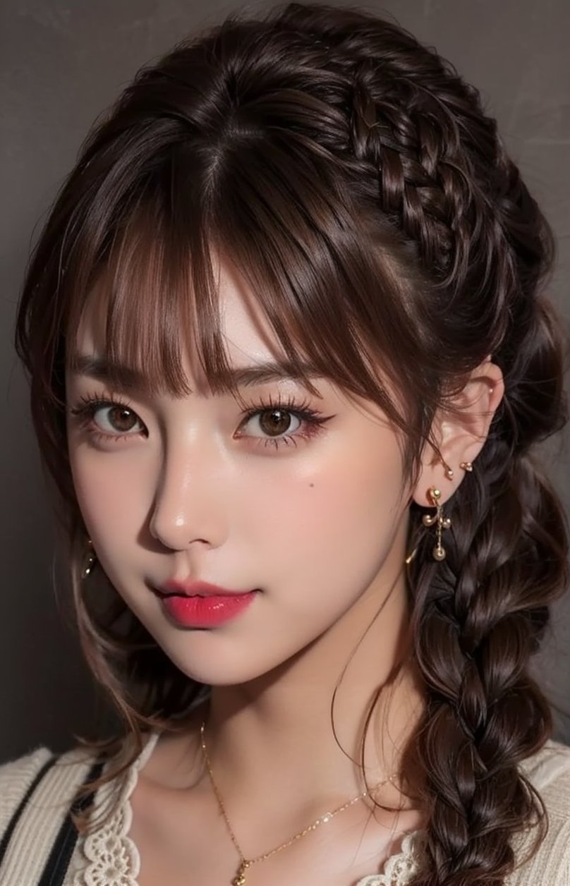 16K, 1girl, solo, brown hair, medium hair, looking at viewer, simple background, smile, closed mouth, brown hair, brown eyes, jewelry, earrings, lips, portrait, reality, braid, makeup, lipstick, nude, Symmetrical ponytails, necklace, bangs,QQQ,QQQ2