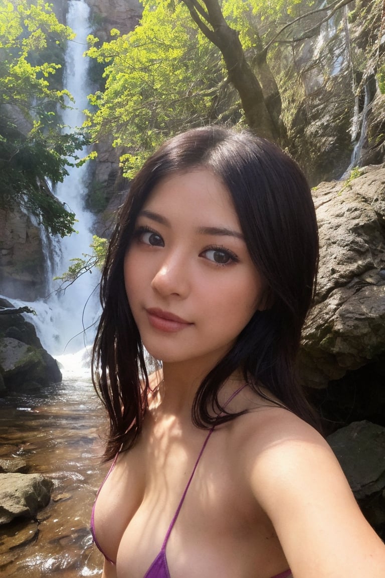 1girl, realistic photo of a 25 years old, (micro bikini), (small breasts:1.4), happy expression, (dynamic pose:1.3), (perfect anatomy, flawless face, perfect eyes, expresive eyes, perfect female body, narrow waist, very attractive beauty), (8K, ultra-detailed, masterpiece, best quality, detailed, sharp focus, detailed face, face focus focus, realisitic,Photorealsitic, Highest Detail Face) , (medium shot:1.3), (look at viewer:1.3), look closely at the viewer, (natural lighting:1.4), (professional lighting), (warm color), (waterfall, tree, river, simple background:1.4), (Safe for work:1.3),yuzuki