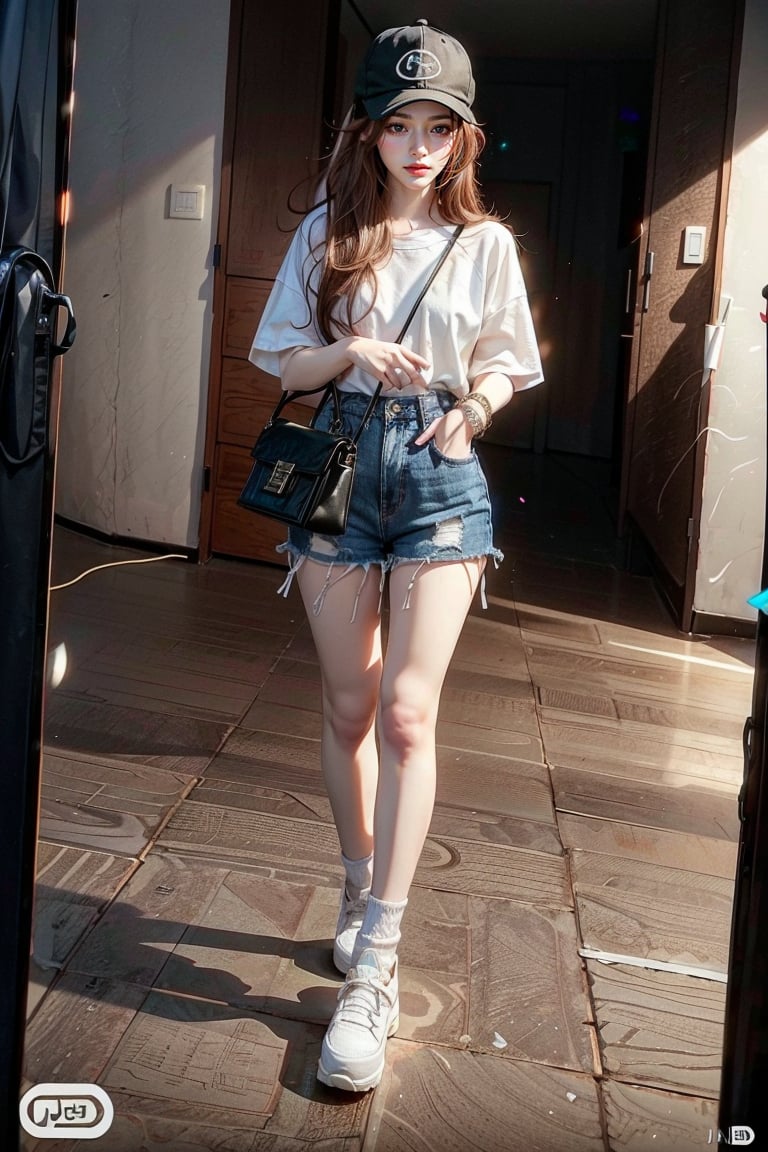 1girl, solo, long hair, skirt, brown hair, shirt, hat, jewelry, standing, full body, short sleeves, shoes, shorts, socks, indoors, bag, black shirt, white footwear, denim, white socks, baseball cap, walking, handbag, shoulder bag