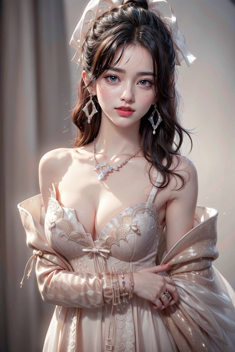 1girl, solo, looking at viewer, smile, black hair, dress, bare shoulders, jewelry, upper body, earrings, necklace, black eyes, bracelet, lips, ring, realistic