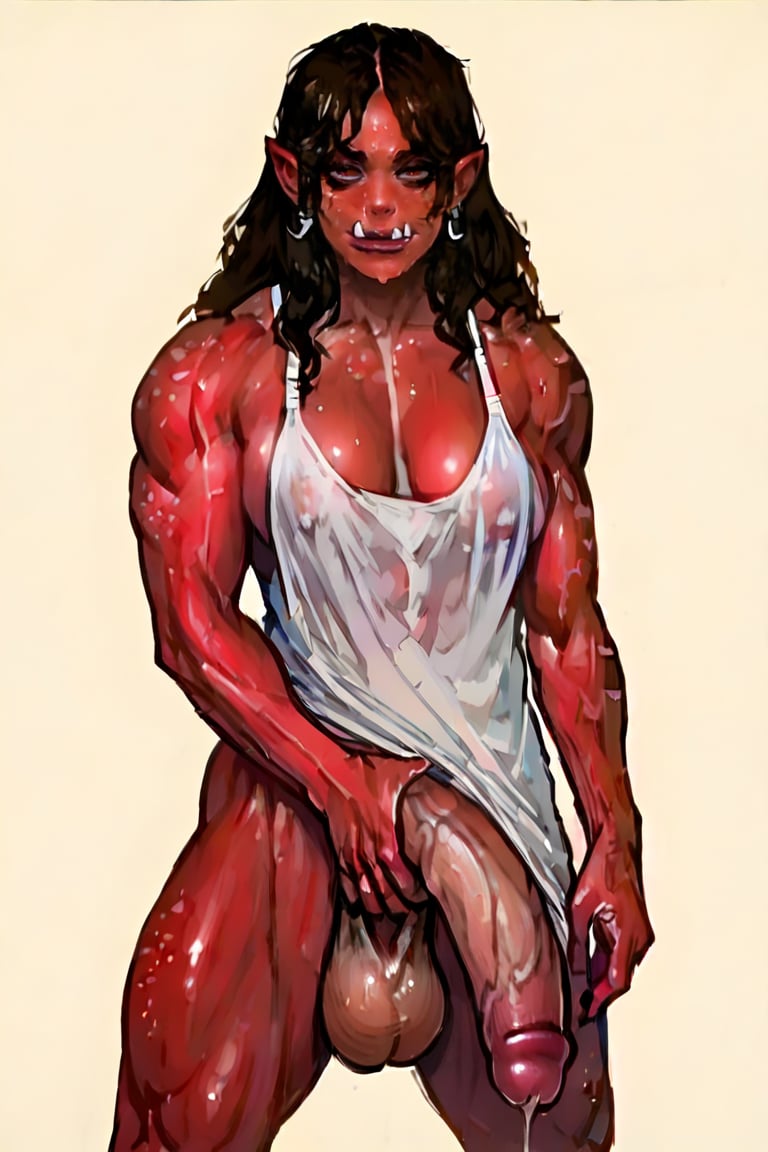 score_9 score_8_up, score_7_up, score_6_up, score_5_up, score_4_up, 1girl, solo, (futanari),  orc, colored skin, red skin, tusks, (huge penis, erection, veiny penis, newhalf, saggy balls), precum, veins, scars, flaccid, abs, huge breasts, bandeau, loincloth, areola peek, nipple outline, (holding axe:1.3), curvy, toned, black hair, braided hair, (outdoors, field, grass, blue sky, clouds)