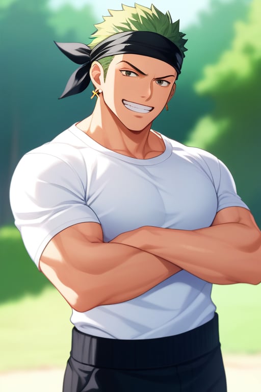 score_9, score_8_up, score_7_up, source_anime, solo, male focus, 1boy, roronoazoro, muscular, scar across eye, grin, looking at viewer, crossed arms, black bandana, one eye closed, white shirt, haramaki, short sleeves, black pants, single earring, outdoors 