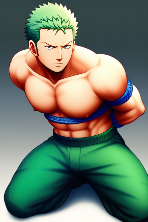 (masterpiece, best quality:1.2), , roronoa zoro, scar, bara, muscular male, looking at viewer, large pectorals,( shibari, bondage, bdsm:1.1), kneeling, arms behind back,rope_bondage
