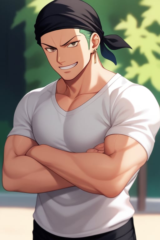 score_9, score_8_up, score_7_up, source_anime, solo, male focus, 1boy, roronoazoro, muscular, scar across eye, grin, looking at viewer, crossed arms, black bandana, one eye closed, white shirt, haramaki, short sleeves, black pants, single earring, outdoors 