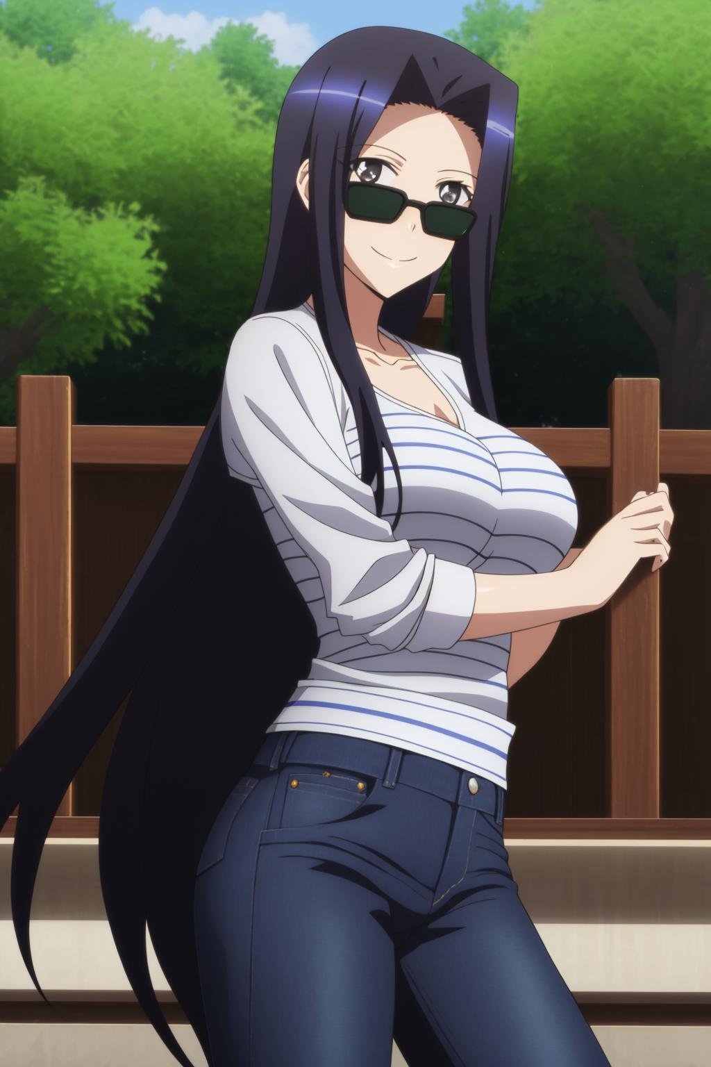 sysdeep_kuroko, 1girl, solo, long_hair, breasts, smile, black_hair, very_long_hair, sunglasses, outdoor, looking_behind, jeans, black_shirt