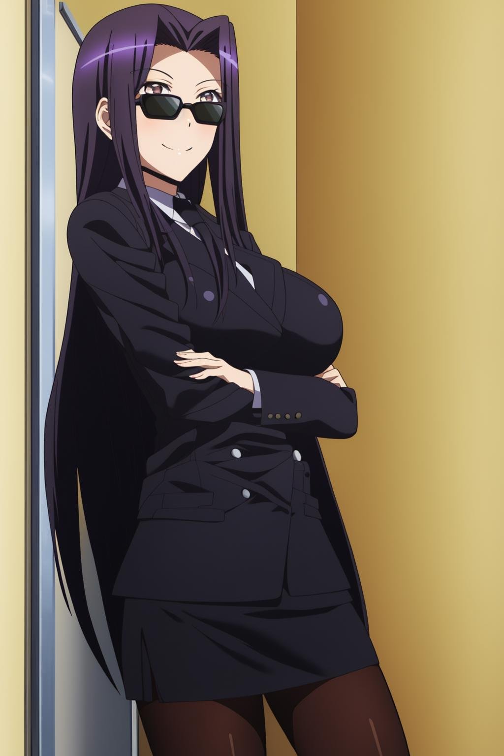 sysdeep_kuroko, 1girl, solo, long_hair, breasts, smile, skirt, large_breasts, black_hair, very_long_hair, jacket, purple_hair, pantyhose, miniskirt, black_pantyhose, formal, crossed_arms, sunglasses, suit, pencil_skirt, against_wall, skirt_suit