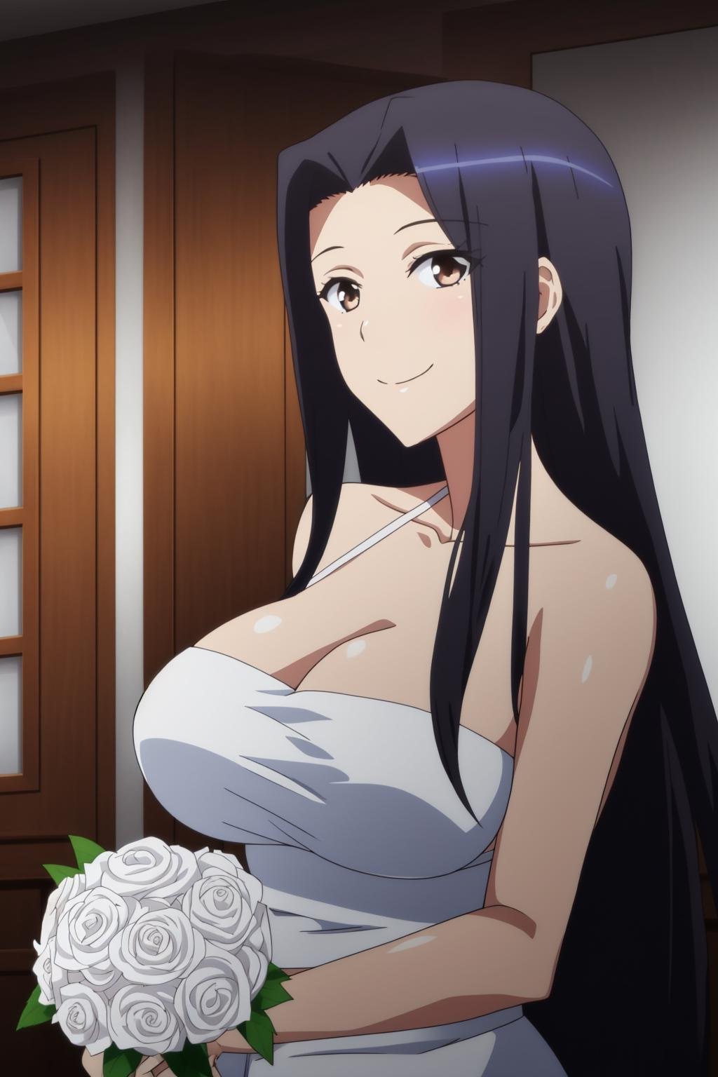 sysdeep_kuroko, 1girl, solo, long_hair, breasts, smile, large_breasts, black_hair, very_long_hair, brown_eyes, white_dress, wedding_dress, holding_flowers