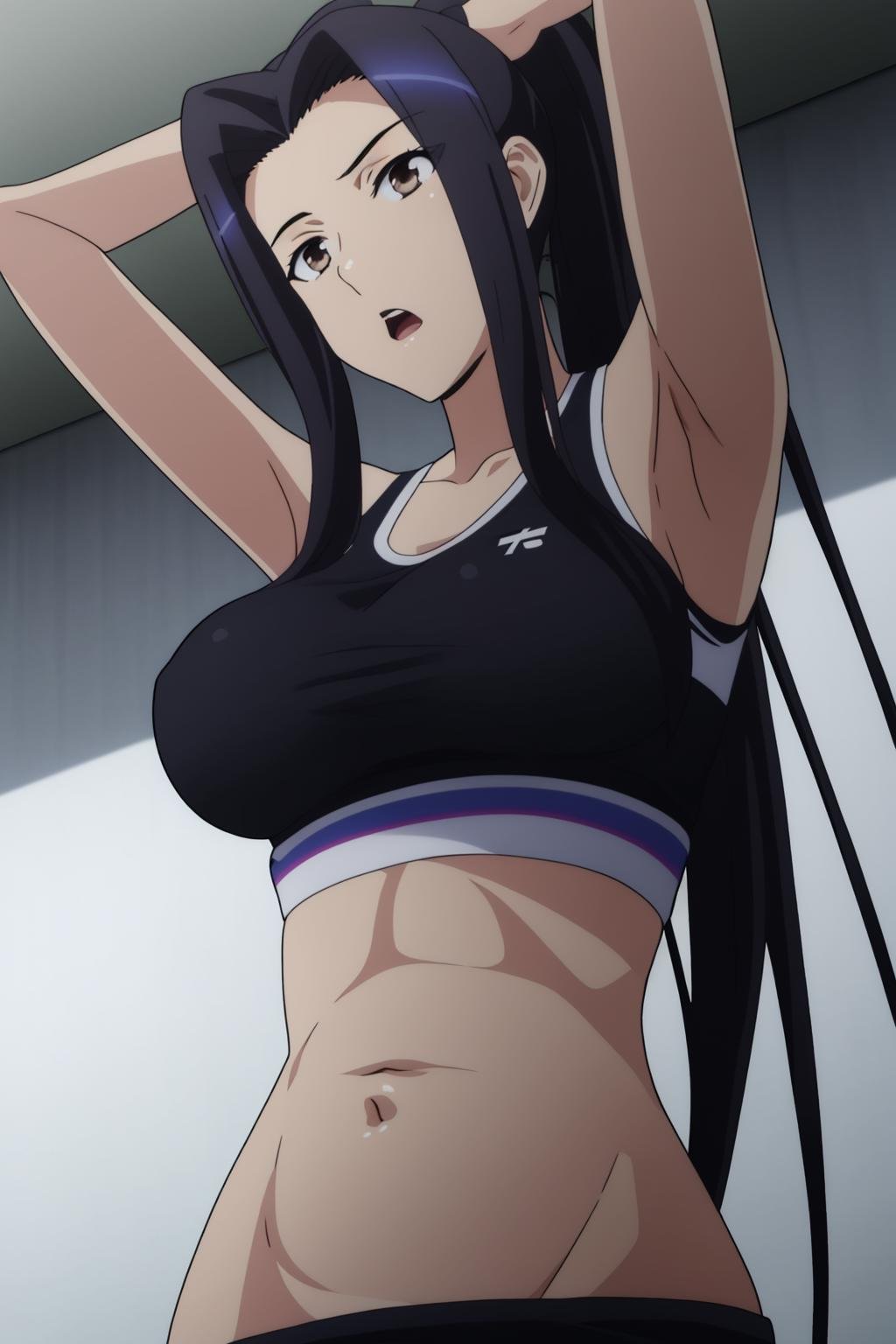 sysdeep_kuroko, 1girl, solo, long_hair, breasts, open_mouth, large_breasts, black_hair, navel, brown_eyes, very_long_hair, ponytail, black_eyes, arm_up, crop_top, tank_top, sports_bra, gym, sport