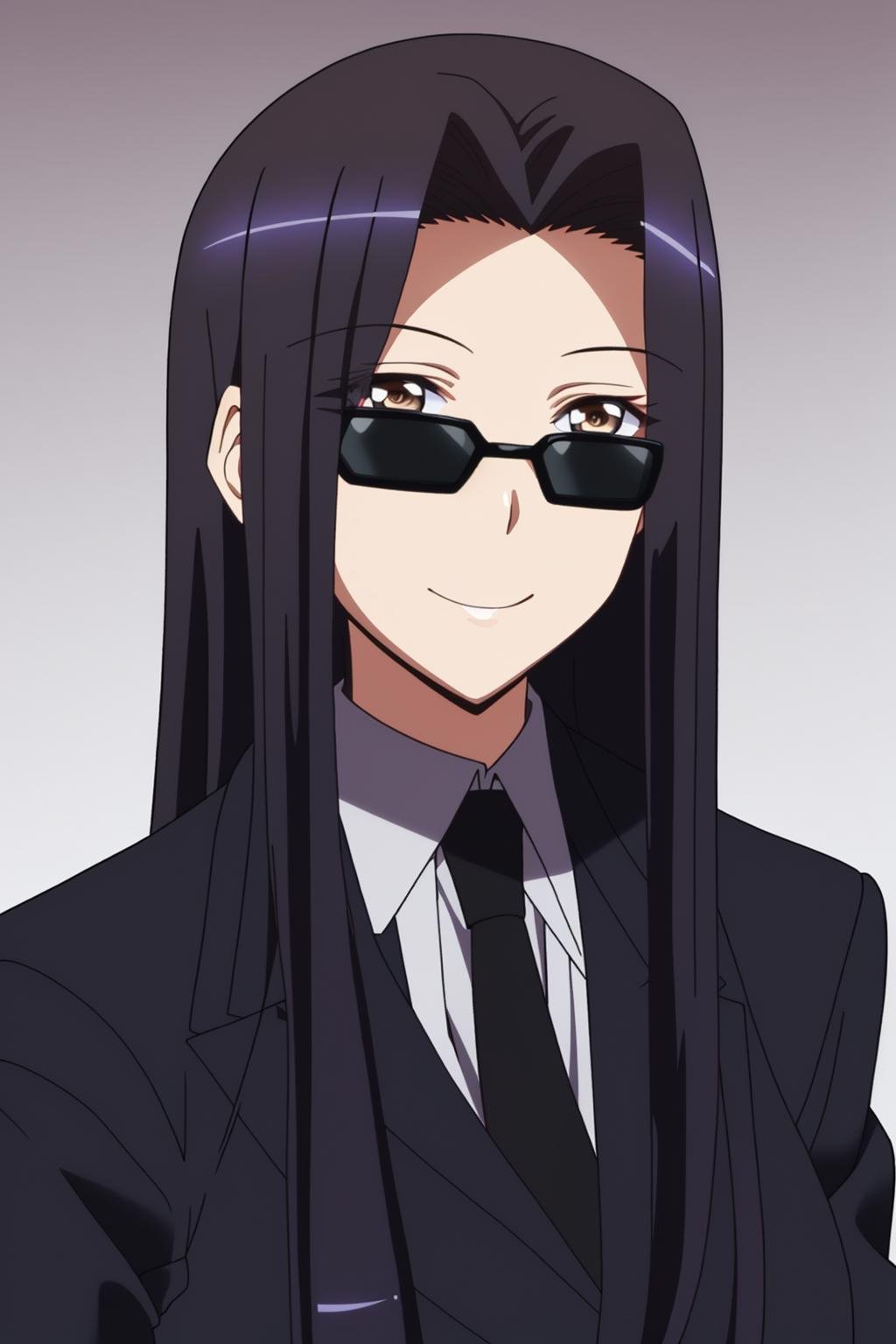 sysdeep_kuroko, 1girl, solo, long_hair, looking_at_viewer, smile, black_hair, brown_eyes, upper_body, necktie, formal, sunglasses, suit, looking_over_eyewear