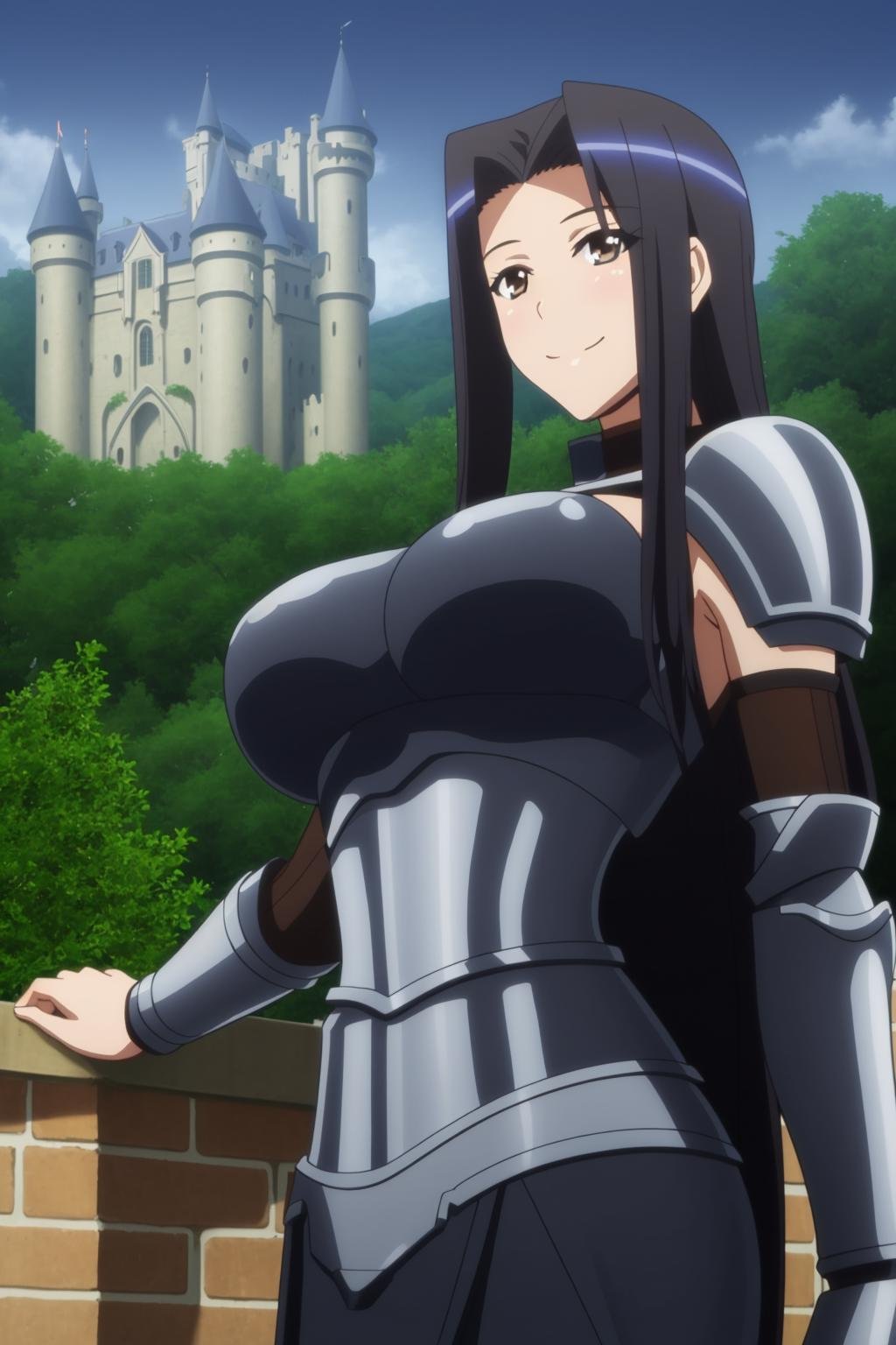 sysdeep_kuroko, 1girl, solo, long_hair, breasts, smile, large_breasts, black_hair, very_long_hair, brown_eyes, metal_armor, knight, outdoors, castle, hill