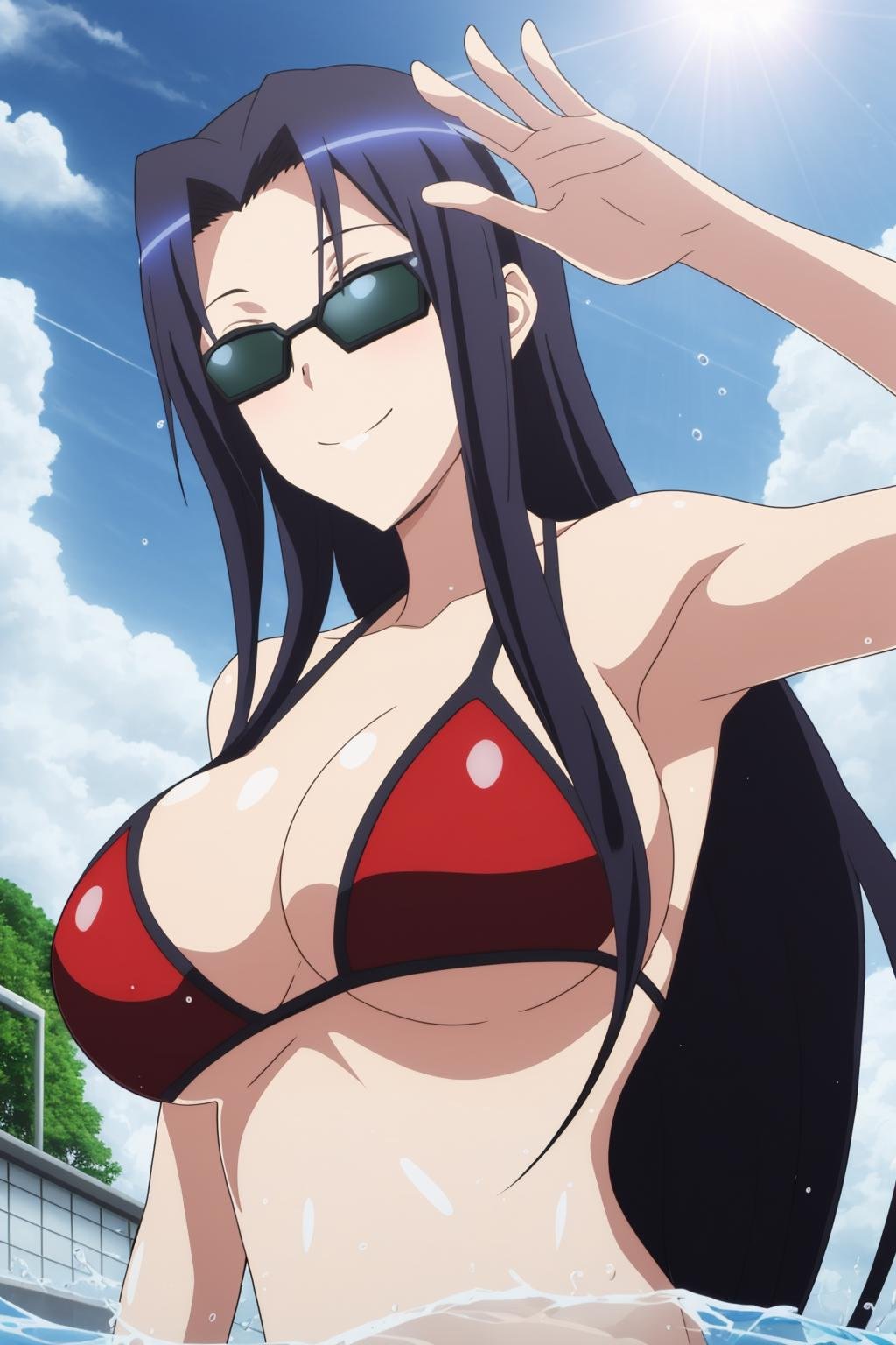 sysdeep_kuroko, 1girl, solo, long_hair, breasts, smile, large_breasts, black_hair, very_long_hair, brown_eyes, red_bikini, water, sky, sun, day, lens_flare, splashing, sun_glasses