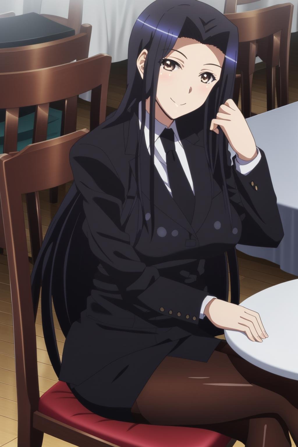 sysdeep_kuroko, 1girl, solo, long_hair, breasts, smile, skirt, large_breasts, black_hair, sitting, very_long_hair, pantyhose, necktie, chair, formal, table, crossed_legs, suit, plate, pencil_skirt, skirt_suit, brown_eyes