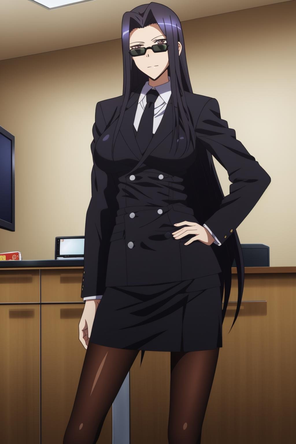 sysdeep_kuroko, 1girl, solo, long_hair, breasts, looking_at_viewer, skirt, large_breasts, black_hair, very_long_hair, standing, jacket, pantyhose, necktie, glasses, black_eyes, hand_on_hip, formal, sunglasses, suit, pencil_skirt, office_lady, skirt_suit