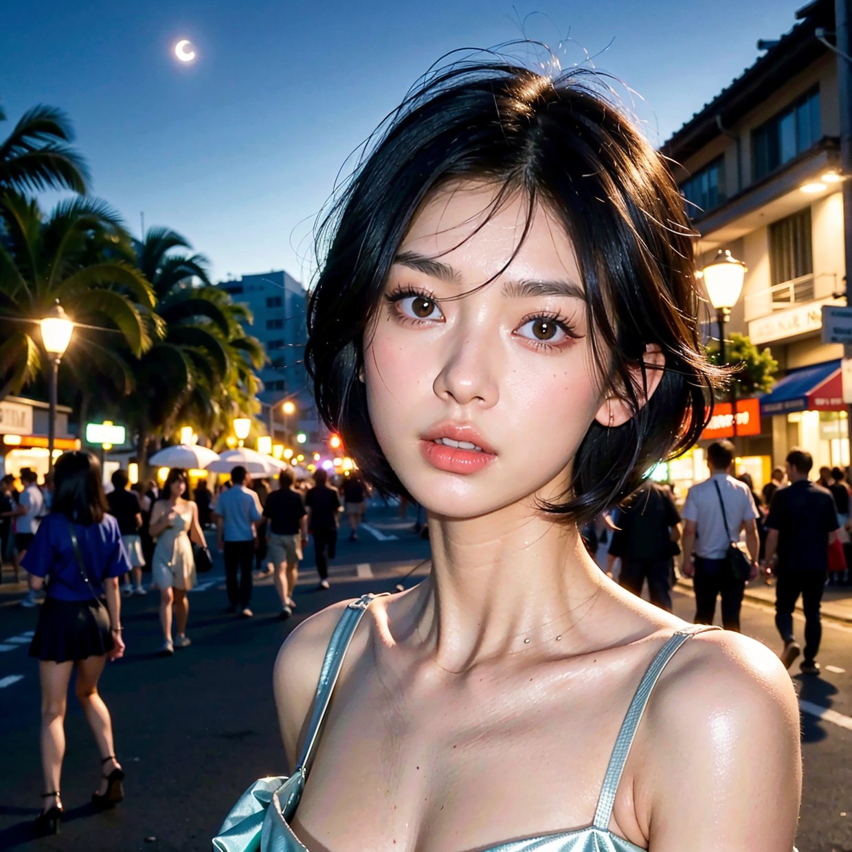 masterpiece, best quality, miranda, (halfbody shot,street lamps,moon),Masterpiece, 1girl, solo exhibition, beautiful woman on the bustling street, surrounded by hawkers, beautiful goddess girl portrait, beautiful and detailed face, porcelain skin, (((bust shot, center, night, black hair, short hair)), super soft lighting, symmetry, complexity, elegance, high detail, realism, art, concept art,1 girl 