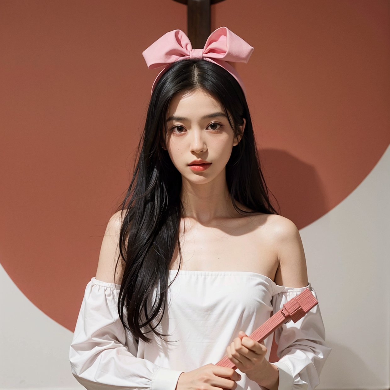 Colaki, surrealist, rescue, Hilma af Klint style, a girl with long straight black hair, pink bow headband, compass on left hand, spear,