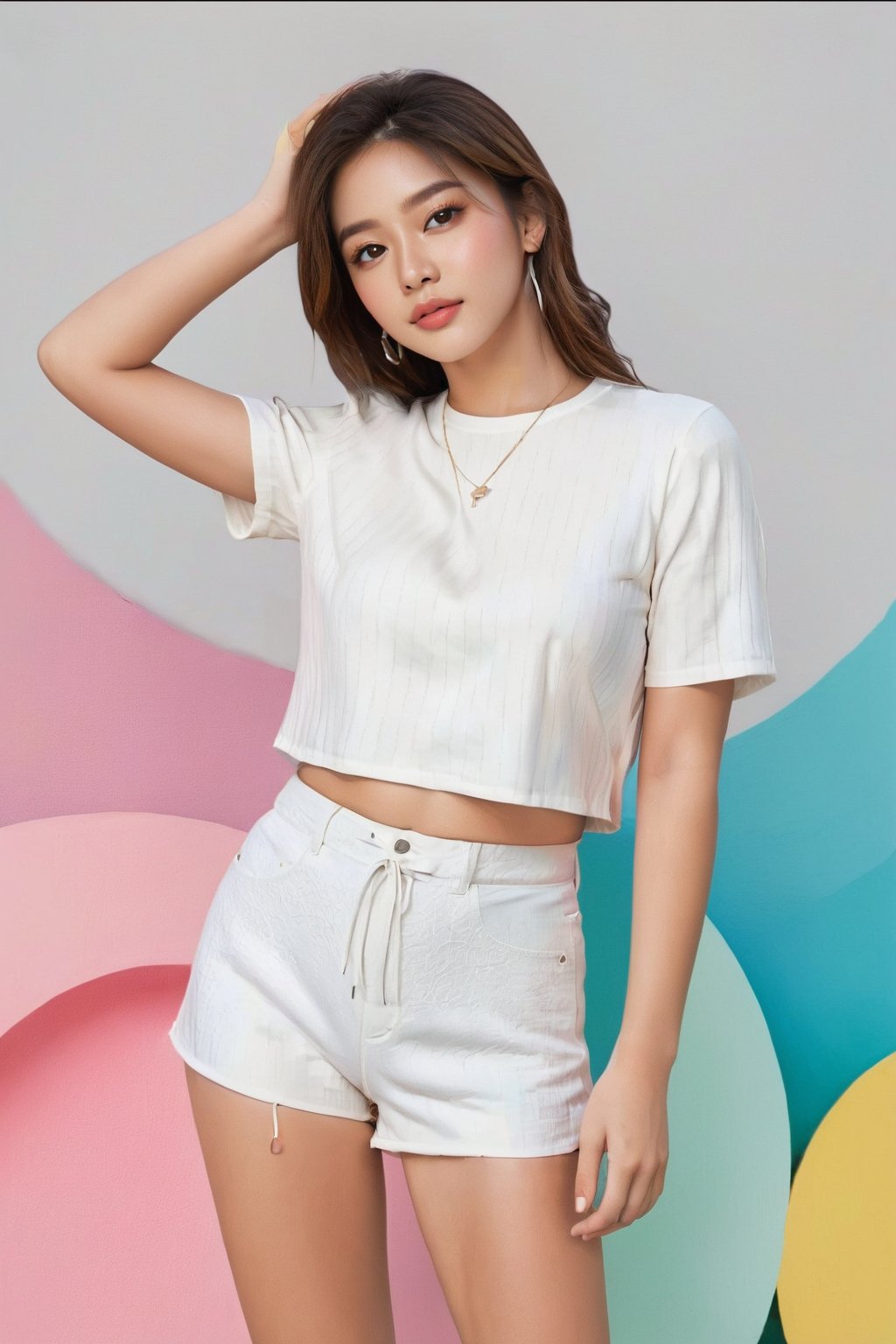 Beauty conscious, summer outfit, minimalist, white-ish background, white fancy shorts, decorative art elaborate texture, fantasy, vibrant colors