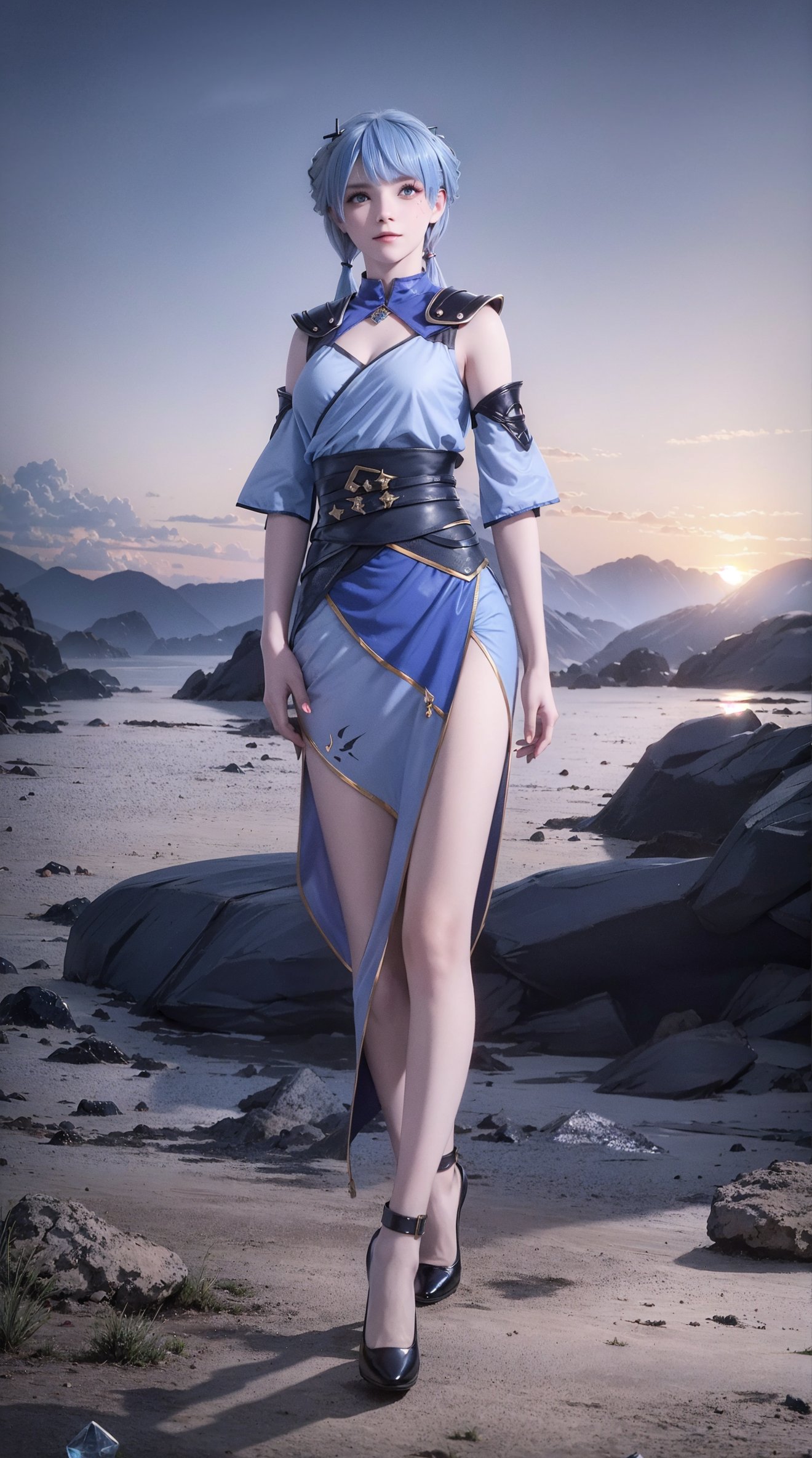(surrounded by heavy floating sand flow and floating sharp stones),((ink)),((illustration)),best quality,1girl,CG,C4D,3D,solo,masterpiece,(sunset:1.3),(full body),((blue hair:1.4)),(photorealistic:1.4),unity 8k wallpaper,blunt bangs,huasanchuan,(ultra detailed:1.3),(light_on_face:1.4),blcc,(looking at viewer:1.2),light rays,(kanji:1.3),(outdoors:1.2),runes,Ice crystals fly around,32-bit color, Detailed behind the scenes, hair detailed, eyes detailed,dress:1.2,crystal effect,blue hair,long hair, low twintails,twintails,blue eyes,bangs, hair ornament,hair rings, realistic, bangs, hair ornament, twintails, armor,detached sleeves,sash,dress,sash,blue dress,