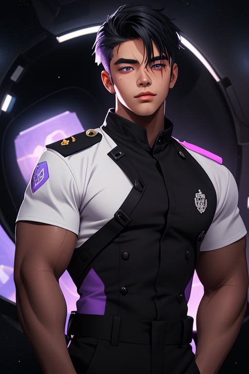 Shiro is a handsome young man of 19 years old. He has short black hair with a white streak, his eyes are purple. Muscular build. he wears a black uniform, in the background the cideral space. Interactive, highly detailed image., Shiro, niji, Color Booster