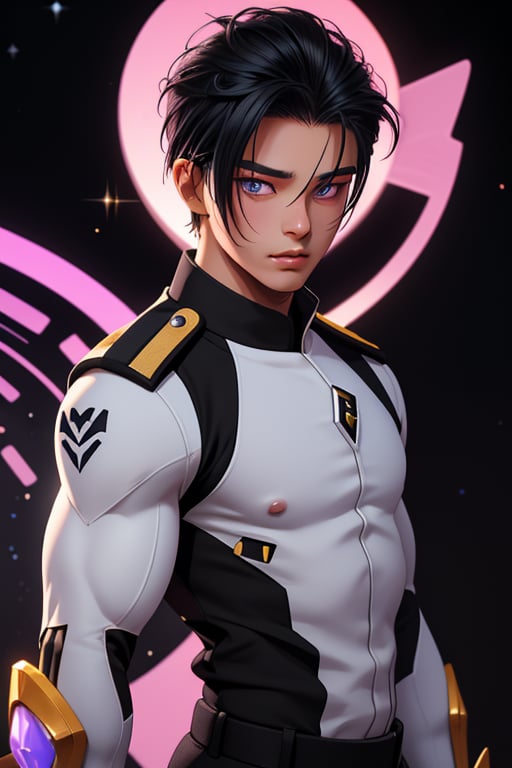 Shiro is a handsome young man of 19 years old. He has short black hair with a white streak, his eyes are purple. Muscular build. he wears a black uniform, in the background the cideral space. Interactive, highly detailed image., Shiro, niji, Color Booster