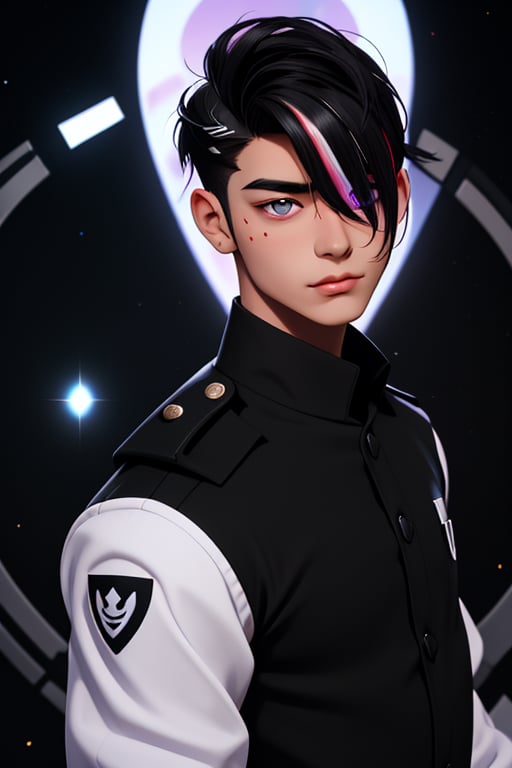 Shiro is a handsome young man of 19 years old. ((Short black hair with white streak)) , his eyes are purple. he wears a black uniform, in the background the cideral space. Interactive, highly detailed image., Shiro, niji, Color Booster