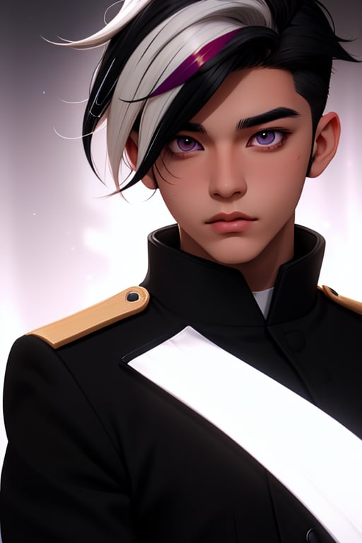 Shiro is a handsome young man of 19 years old. ((Short black hair with white streak)) , his eyes are purple. he wears a black uniform, in the background the cideral space. Interactive, highly detailed image., Shiro, niji, Color Booster