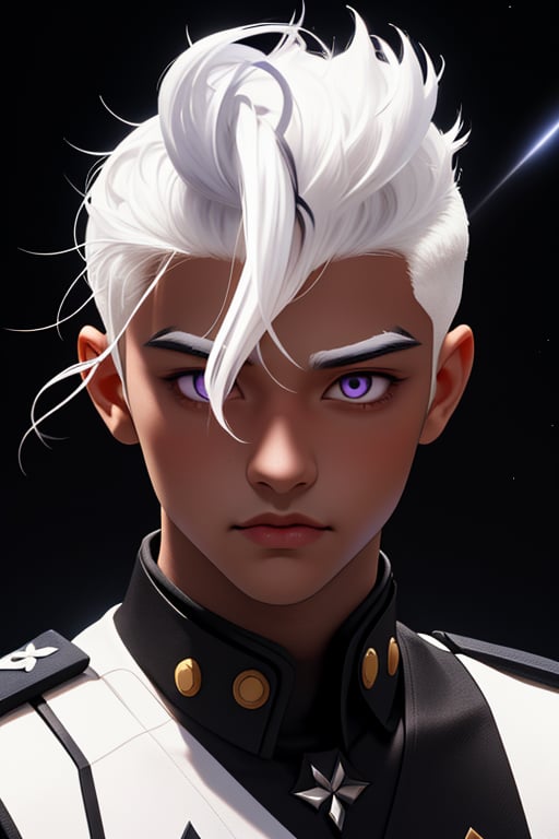 Shiro is a handsome young man of 19 years old. He has short black hair with a white streak ((white streak hair)) , his eyes are purple. he wears a black uniform, in the background the cideral space. Interactive, highly detailed image., Shiro, niji, Color Booster