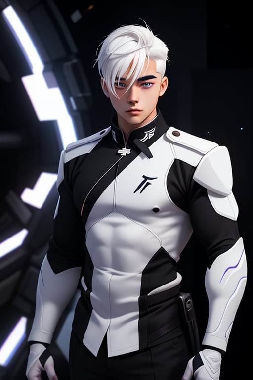 Shiro is a handsome young man of 19 years old. He has short black hair with a white streak ((white streak hair)) , his eyes are purple. Muscular build. he wears a black uniform, in the background the cideral space. Interactive, highly detailed image., Shiro, niji, Color Booster