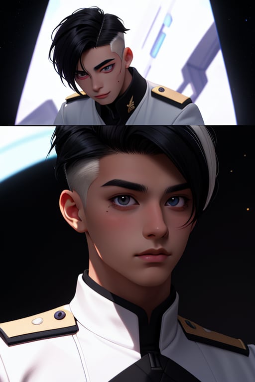 Shiro is a handsome young man of 19 years old. ((Short black hair)), ((white streak hair)) , his eyes are purple. he wears a black uniform, in the background the cideral space. Interactive, highly detailed image., Shiro, niji, Color Booster