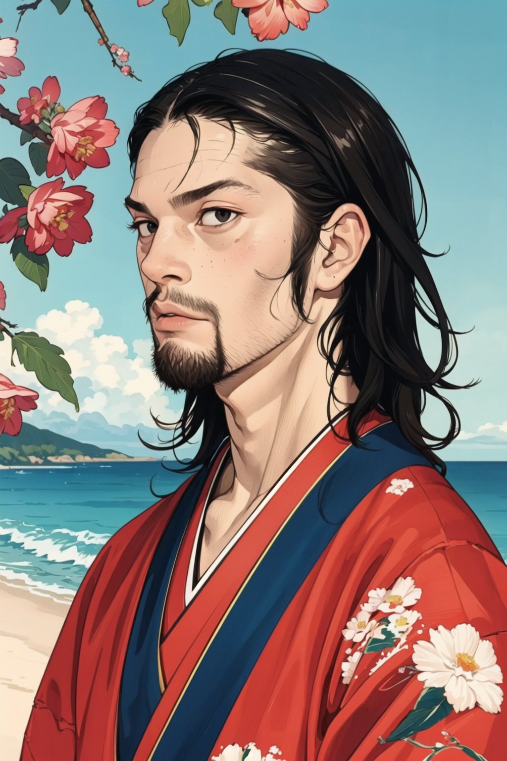 1boy\(male, handsome, young 15 year old, no_hair, long black hair, beard, tall, muscles, strong jaw, sharp cheekbones, thin lips, kimono\) upper body, staring at you, background(day, outdoor, sky, sun, ocean, flowers, trees) (masterpiece, highres, high quality:1.2), ambient occlusion, outstanding colors, low saturation,High detailed, Detailedface, Dreamscape,Musashi