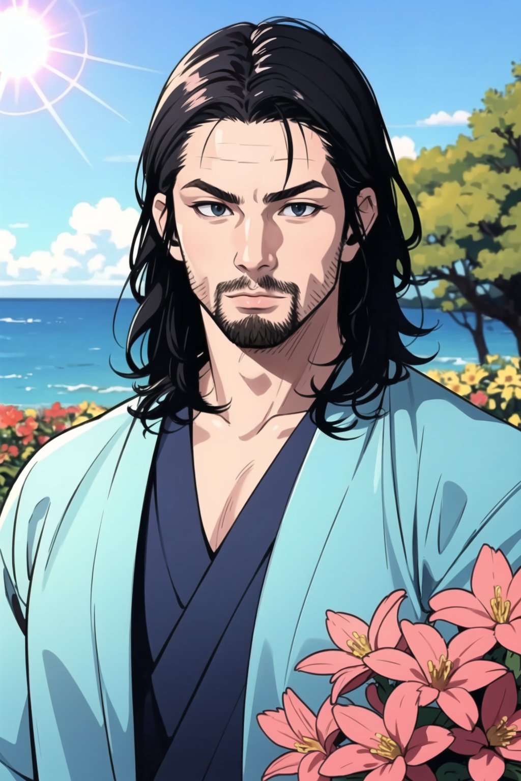 1boy\(male, handsome, young 15 year old, no_hair, long black hair, beard, tall, muscles, strong jaw, sharp cheekbones, thin lips, kimono\) upper body, background(day, outdoor, sky, sun, ocean, flowers, trees) (masterpiece, highres, high quality:1.2), ambient occlusion, outstanding colors, low saturation,High detailed, Detailedface, Dreamscape,Musashi