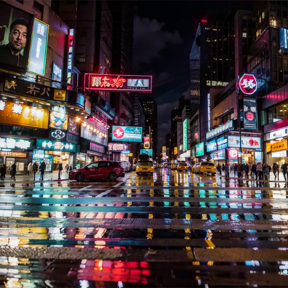 outdoors, raining, night, ground vehicle, building, scenery, reflection, city, sign, road, lamppost, street, city lights, lights, neon lights, crosswalk, cyber punk,(super wide Angle), HD, shot with tension, Visual impact, giving the poster a dynamic and visually striking appearance:1.8), Realism, photorealistic,realistic textures,cyber_asia 