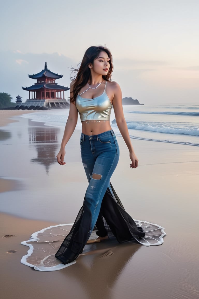 A stunningly beautiful Indian girl, dressed casually in a pair of ripped, distressed denim jeans and a fitted crop top, strides confidently along the shores of a deserted, moonlit beach. The gentle waves lap against her ankles, leaving shimmering trails in the pale glow of the neon-lit night. Her hair, a cascade of reflected silver and raven black, sways gracefully in the misty breeze that carries the scent of the ocean. With each step, she leaves behind crimson footprints upon the damp, starlit sand, the mysterious marker of her transient existence in this surreal, otherworldly realm. In the distance, the silhouette of an ancient, mysterious temple looms, its imposing, angular architecture a stark contrast to the soft curves of her body and the fluid, organic forms of the night. The scene is bathed in the ethereal, pulsing glow of a psychedelic, kaleidoscopic nebula, casting an otherworldly, transfixing luminescence over the girl and the land behind her. As she disappears into the darkness, her silhouette reverberates against the glowing, undulating terrain, leaving a trail of ephemeral, luminescent light that fades as she moves further away. Her presence is a fleeting, enigmatic mystery amidst the vast, infinite expanse of the cosmos, a brief epiphany of beauty and wonder in an existence filled with chaos and uncertainty.