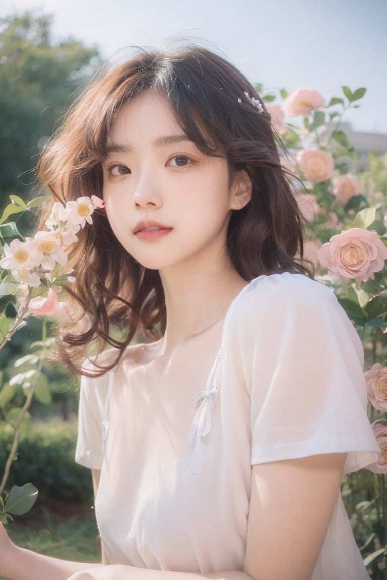 1girl, solo, curly hair, messy hair, long hair, looking at viewer, brown hair, black hair, dress, holding, upper body, flower, short sleeves, outdoors, white dress, lips, rose, leaf, pink flower, realistic, basket,dream_girl,film_grain,dreamgirl,sunny smile