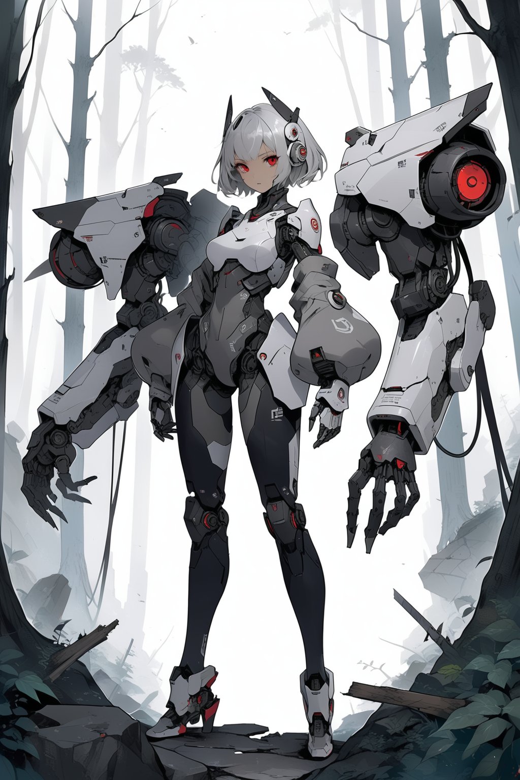 masterpiece, best quality, aesthetic,
cyborg, 1girl, solo, red eyes, short hair, robot joints, breasts, white background, full body, looking at viewer, standing, simple background, grey hair, medium breasts, white hair, hair ornament, cable, bangs, headgear, 
scenery, detailed background, ruins, forest, tree, portrait, 