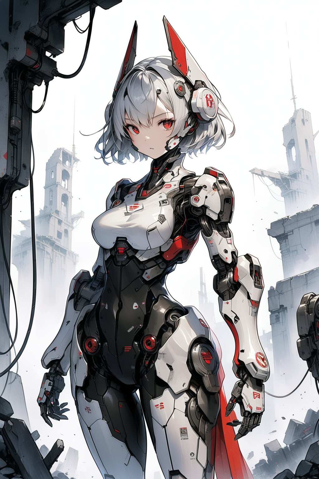 masterpiece, best quality, aesthetic,
cyborg, 1girl, solo, red eyes, short hair, robot joints, breasts, white background, full body, looking at viewer, standing, simple background, grey hair, medium breasts, white hair, hair ornament, cable, bangs, headgear, 
scenery, detailed background, ruins, portrait, 