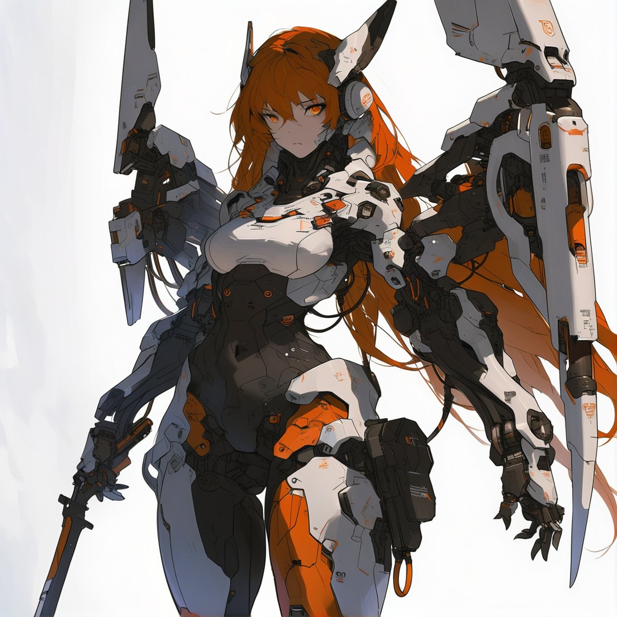 masterpiece, best quality, aesthetic, sketch,
cyborg, 1girl, solo, orange eyes, long hair, looking at viewer, breasts, medium breasts, white background, standing, bodysuit, cable, cowboy shot, hair between eyes, closed mouth, simple background, headgear, bangs, holding, weapon, robot joints