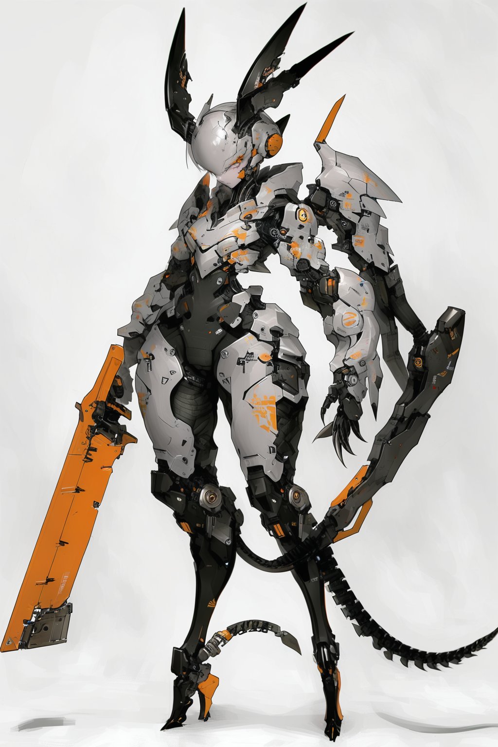 masterpiece, best quality, aesthetic,cyborg, solo, 1girl, weapon, grey background, holding, holding weapon, standing, mechanical tail, full body, robot joints, cable, no humans, sword, horns, looking at viewer, 