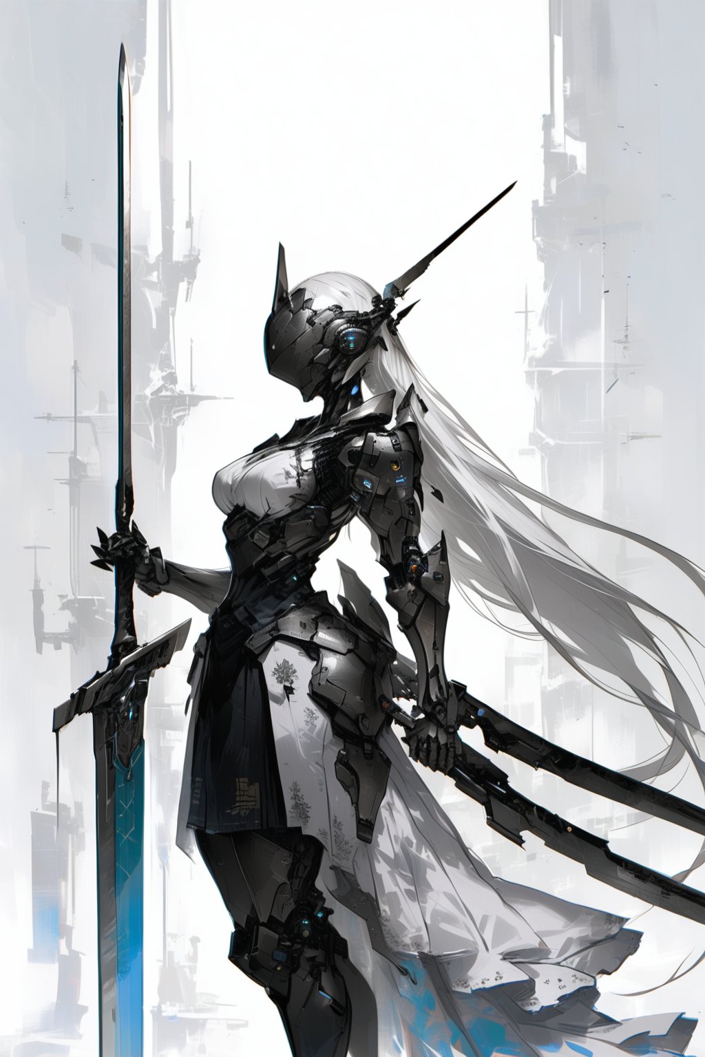 masterpiece, best quality, aesthetic,cyborg, 1girl, solo, long hair, weapon, white background, holding weapon, holding, sword, white hair, breasts, holding sword, dress, simple background, helmet, robot joints, very long hair, standing, medium breasts, skirt, from side, cowboy shot