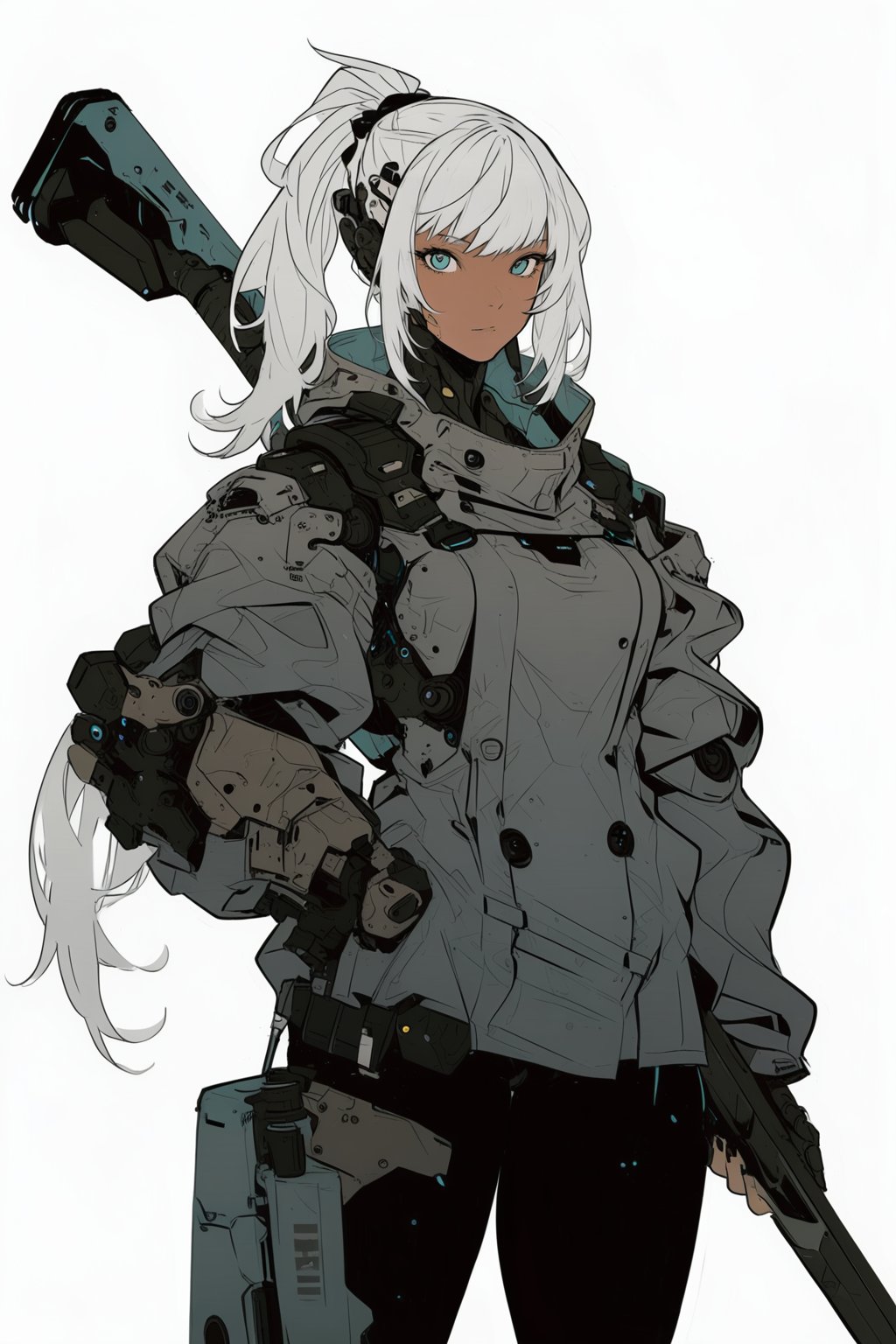 masterpiece, best quality, aesthetic,cyborg, 1girl, solo, sketch, weapon, flat color, dark-skinned female, ponytail, white background, gun, long hair, looking at viewer, dark skin, white hair, simple background, blue eyes, holding, cowboy shot, holding weapon, jacket, closed mouth, rifle, bangs, holding gun, standing, white jacket, expressionless, single mechanical arm