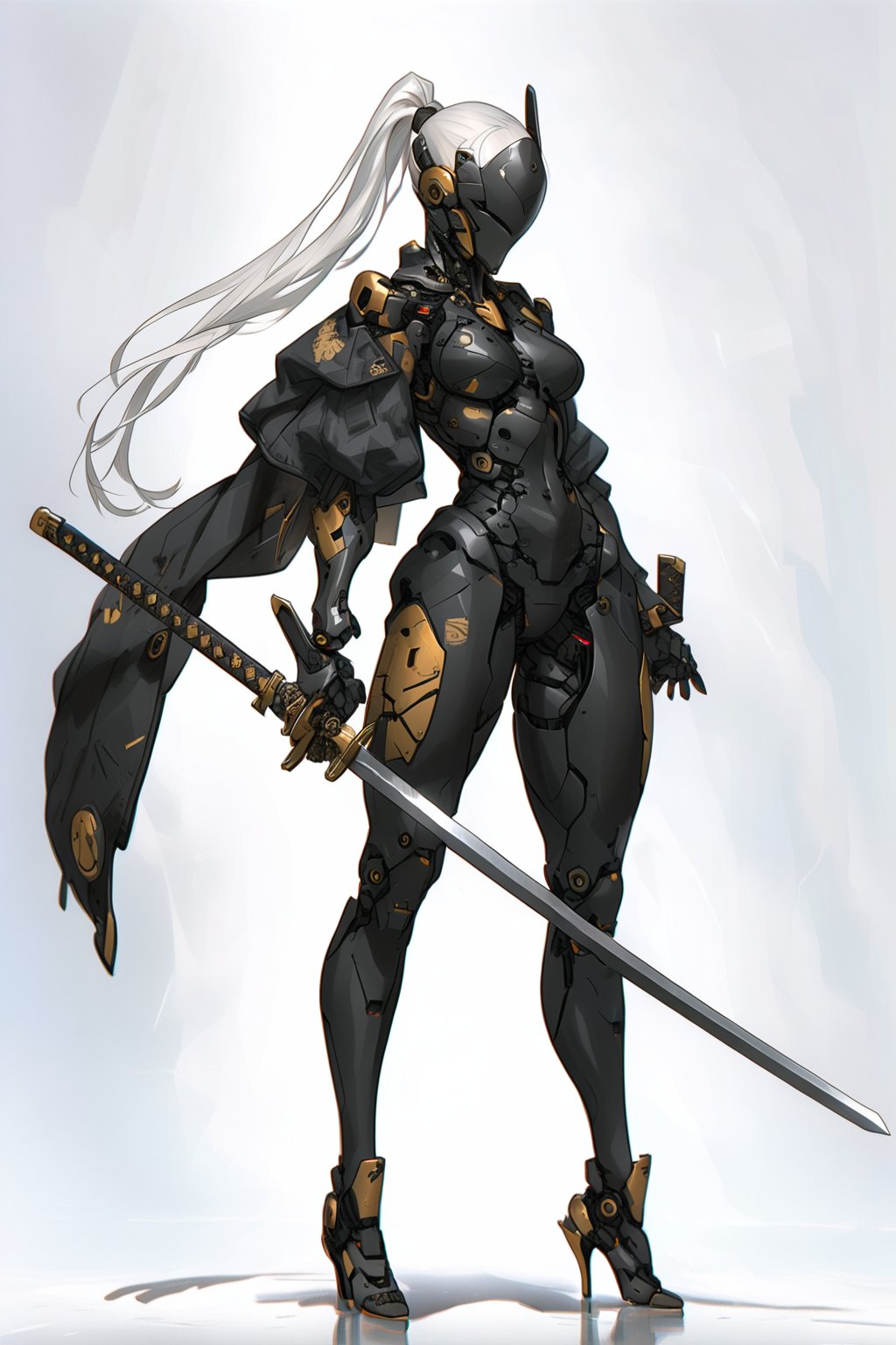 masterpiece, best quality, aesthetic,cyborg, 1girl, weapon, sword, solo, ponytail, holding, holding weapon, holding sword, long hair, full body, katana, standing, high heels, breasts, helmet, robot joints, white background, simple background, white hair, medium breasts, jacket, bodysuit, realistic