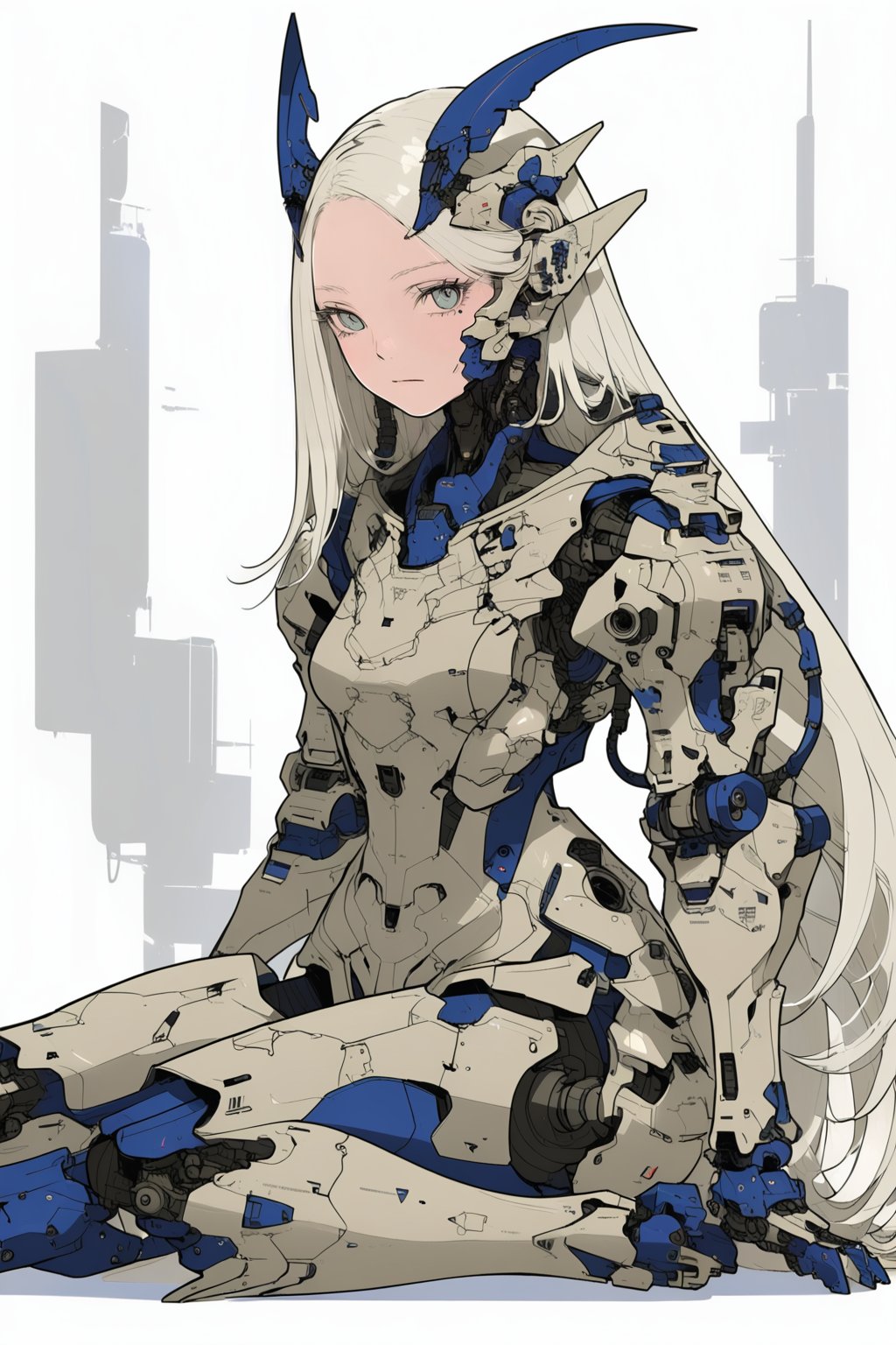 masterpiece, best quality, aesthetic,cyborg, 1girl, solo, long hair, sitting, white background, robot joints, looking at viewer, white hair, horns, simple background, very long hair, blue eyes, headgear, grey eyes, expressionless, closed mouth, parted bangs, prosthesis, breasts, small breasts, full body, flat color