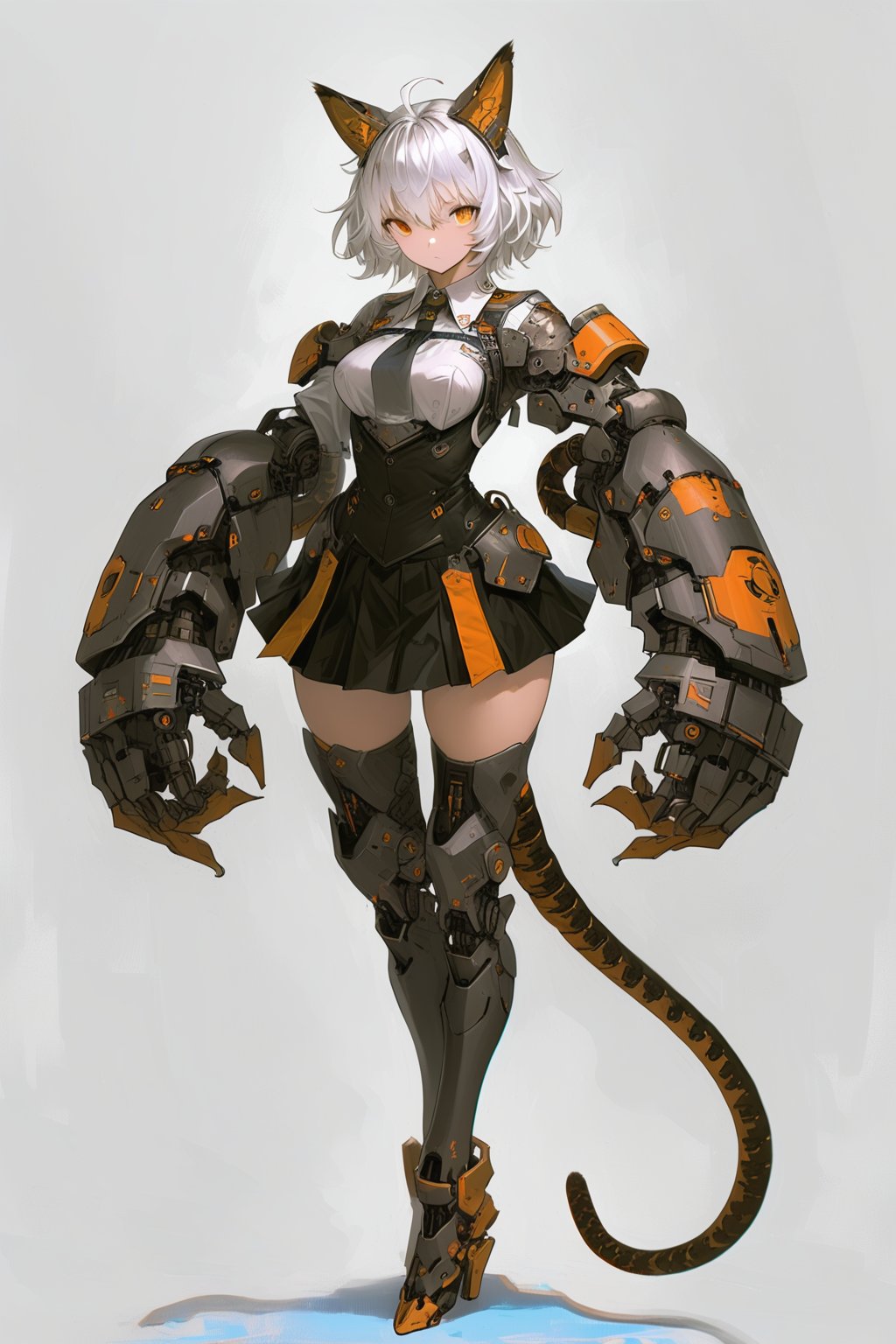 masterpiece, best quality, aesthetic,cyborg, solo, 1girl, white hair, orange eyes, looking at viewer, tail, full body, simple background, skirt, standing, mechanical tail, grey background, animal ears, breasts, dress, closed mouth, bangs, short hair, shirt, headgear, medium hair, long sleeves, expressionless, medium breasts, long hair, large arms