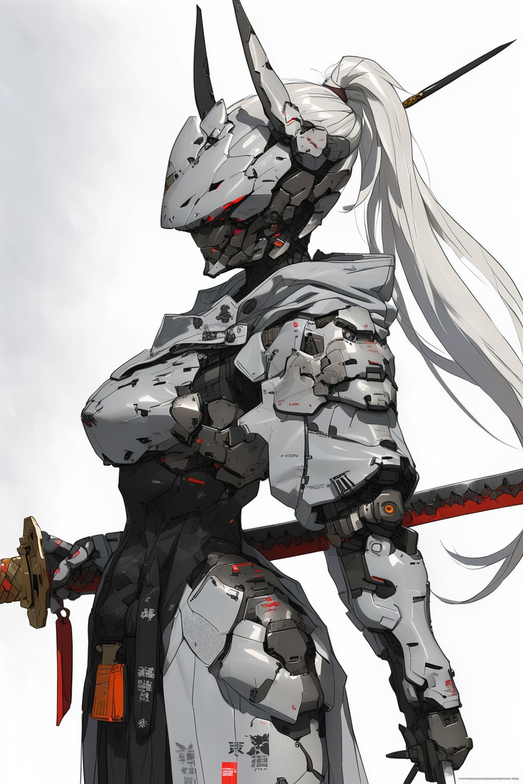 masterpiece, best quality, aesthetic,cyborg, weapon, sword, katana, solo, holding, sheath, ponytail, holding weapon, holding sword, helmet, white background, horns, 1girl, simple background, white hair, red eyes, glowing, no humans, upper body, robot joints, from side