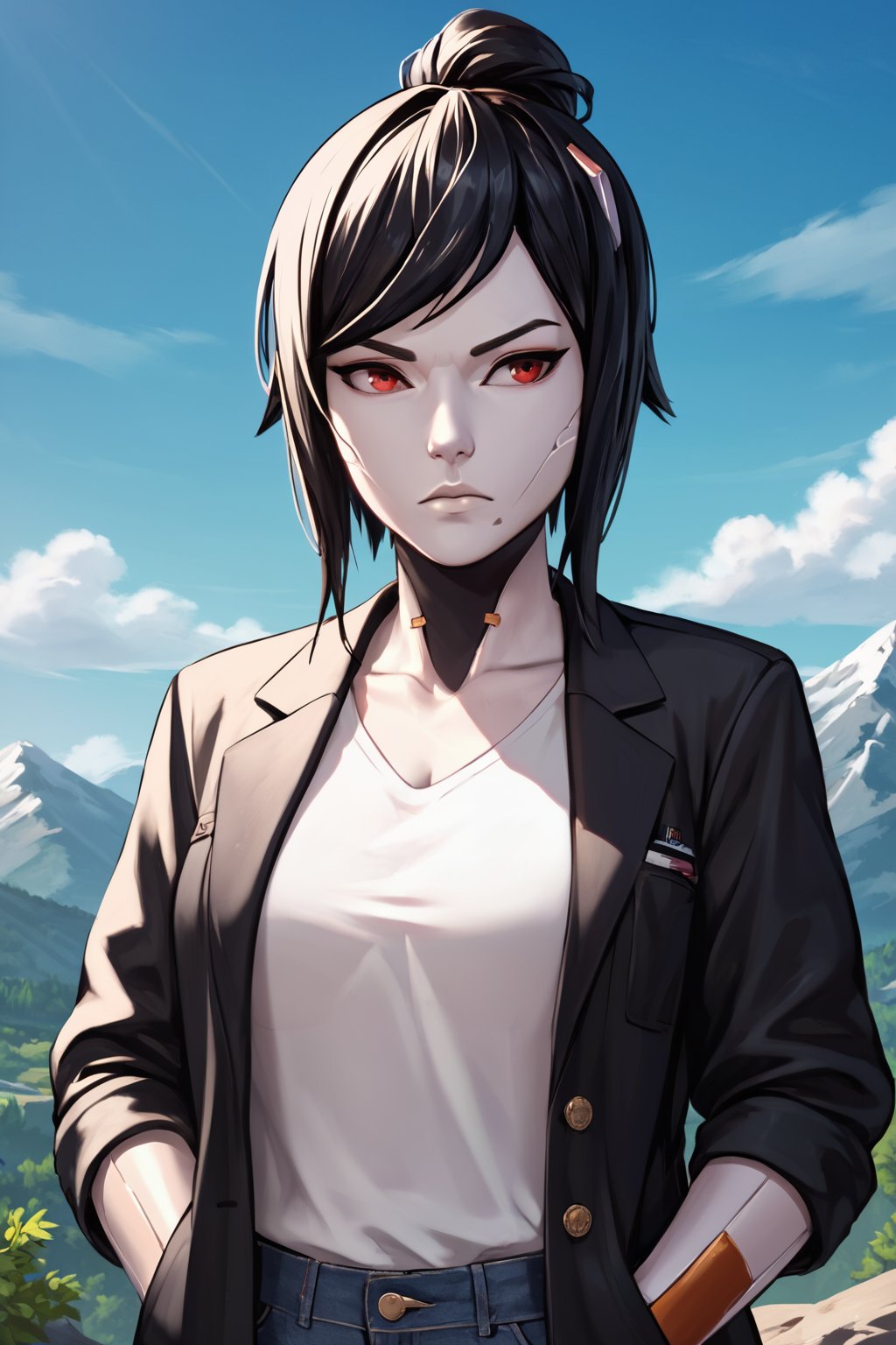 tsuki, robot, robot joints, white skin, black hair, standing, black coat, jeans, white shirt, hands in pocket, upper body, serious face, looking_away, mountain, windy, front view, score_9, score_8_up, score_7_up, best quality, masterpiece, 4k,tsuki android