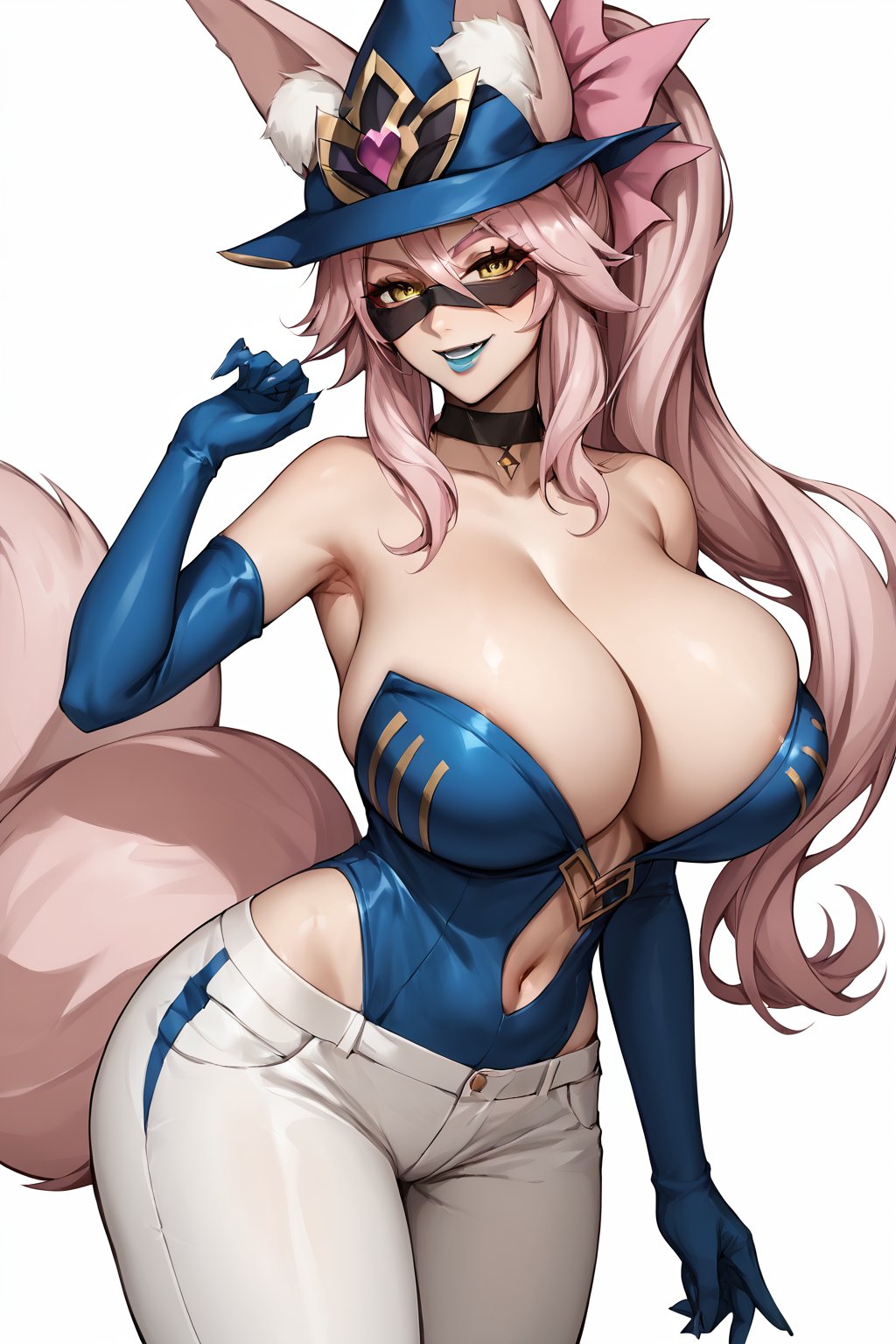 score_9_up,score_8_up,score_7_up,gigantic breast,koyanmixpdxl,koya1sin, very long hair, glasses, pink hair, yellow eyes, pink fox ears, pink fox tail, bangs, animal ears, fox girl cleavage, side ponytail,MirrorMaiden, blue headwear, eye mask, blue lips, large breasts, cleavage, bare shoulders, blue dress, fur trim, white pants, hip vent, blue elbow gloves, black boots, evil smile, blindfold