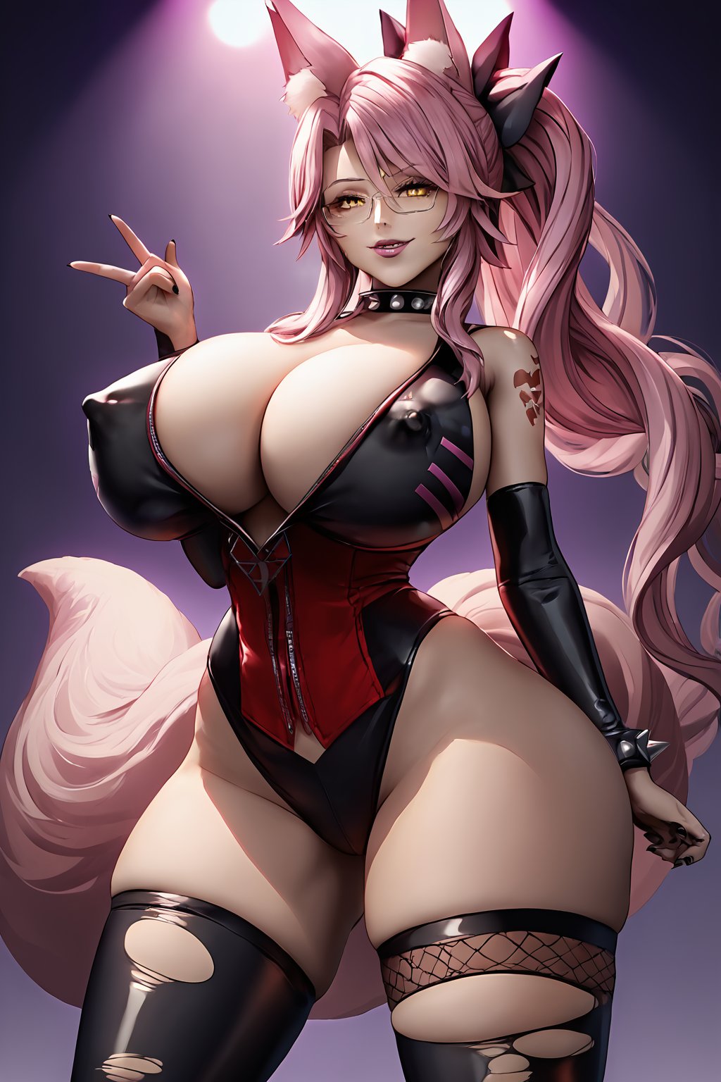 score_9_up,score_8_up,score_7_up,gigantic breast,koyanmixpdxl,koya1sin, very long hair, glasses, pink hair, yellow eyes, black bodysuit, hip vents, thighs, partially unzipped, pink fox ears, pink fox tail, bangs, animal ears, fox girl cleavage, side ponytail,((best quality)), ((masterpiece)), (detailed),photorealistic, ultra high res, intricate, hyperdetailed, (skindentation), cute, feminine, detailed body , (detailed face:1.1),(perfect eyes), 4k, beautiful,(1girl:1.4),(huge breasts:1.6),thick eyelashes,long eyelashes,perfect dynamic composition,(thick thighs:1.4), ((wide hips)),((pale skin:1.4)),mature female,purple eyes,eyeliner,long eyelashes,makeup,eyeshadow,blue hair,purple eyes,long hair,gothgirl,navel piercing, spiked collar, spiked bracelet, spiked armlet, torn shorts, spiked heel boots, red corset,((fishnet legwear)),(tattoo:1.4),arm tattoo, pubic tattoo,chest tattoo,,eyeshadow, black nails, punkish gothic (idolmaster), evil eyes,  highly detailed clothes,wavy hair, hoop earrings, heavy breathing, thick thighs,hoop earrings,necklace,jewelry,gyaru,(on the stage:1.4),stage lights, dancing, singing, 
(evil smile:1.4),open mouth,blush,seductive pose, ((purple lips)), thick lips,(huge lips:1.3) , (massive lips: 1.3), (parted lips:1.3), (thick lips:1.6),cowboy shot,
(8k), (4k),(Masterpiece), (Best Quality), fantasy, extremely detailed, intricate, hyper detailed, detailed eyes,(perfect face), illustration,soft lighting,(specular lighting:1.4),shiny skin,looking at viewer,((covered nipples)),((covered erect nipples:1.4)),xianyunexp,prinz eugen \(azur lane\)