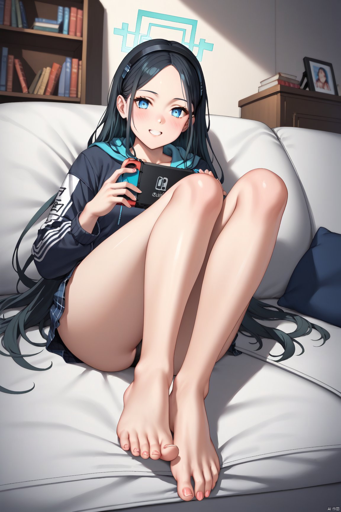 Score_9, Score_8_up, Score_7_up,Aris from Blue Archive, a character with long black hair and blue eyes, is depicted indoors. She's barefoot on the couch while holding a Nintendo Switch in her hands. Her feet are focused upon as she smiles at the viewer. The room has shelves filled with books and other items, creating an atmosphere of relaxation and leisure gaming.