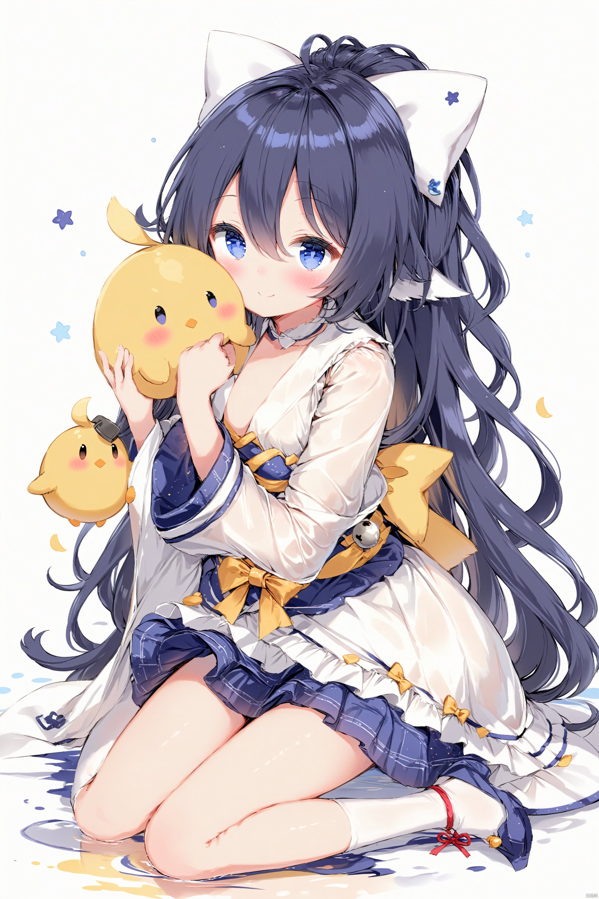 artist anmi2, (masterpiece),(best quality),(loli：1.2),(petite:1.2),1girl, solo,long hair,animal ears, ku, looking at viewer, blush, smile, bangs,simple background, hair ornament, white background, dress,hair between eyes, hair bow, blue eyes,black and blue hair, pantyhose, red ribbon, sash, bell, jingle bell, manjuu \(azur lane\),