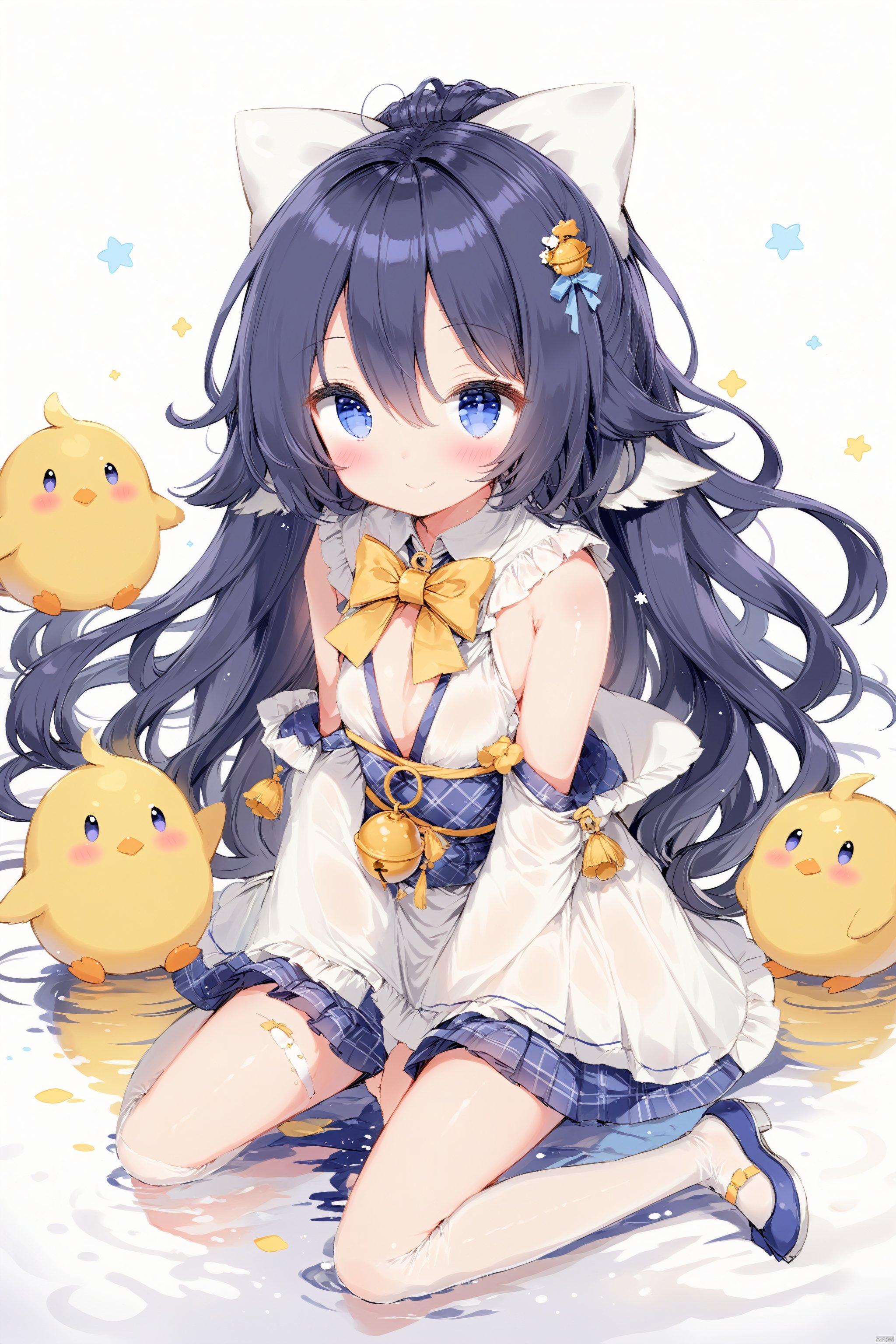 artist anmi2, (masterpiece),(best quality),(loli：1.2),(petite:1.2),1girl, solo,long hair,animal ears, ku, looking at viewer, blush, smile, bangs,simple background, hair ornament, white background, dress,hair between eyes, hair bow, blue eyes,black and blue hair, pantyhose, red ribbon, sash, bell, jingle bell, manjuu \(azur lane\),